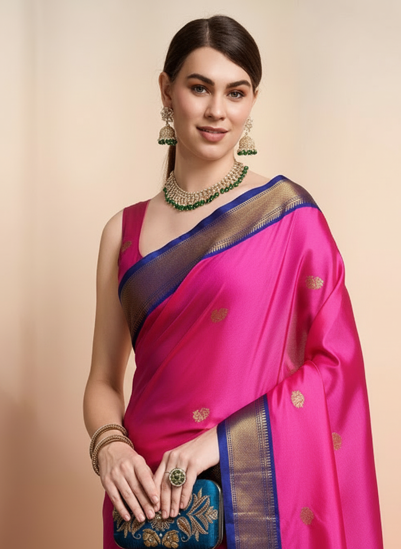 Vibrant Rani Pink & Royal Blue Paithani Cotton Silk Saree