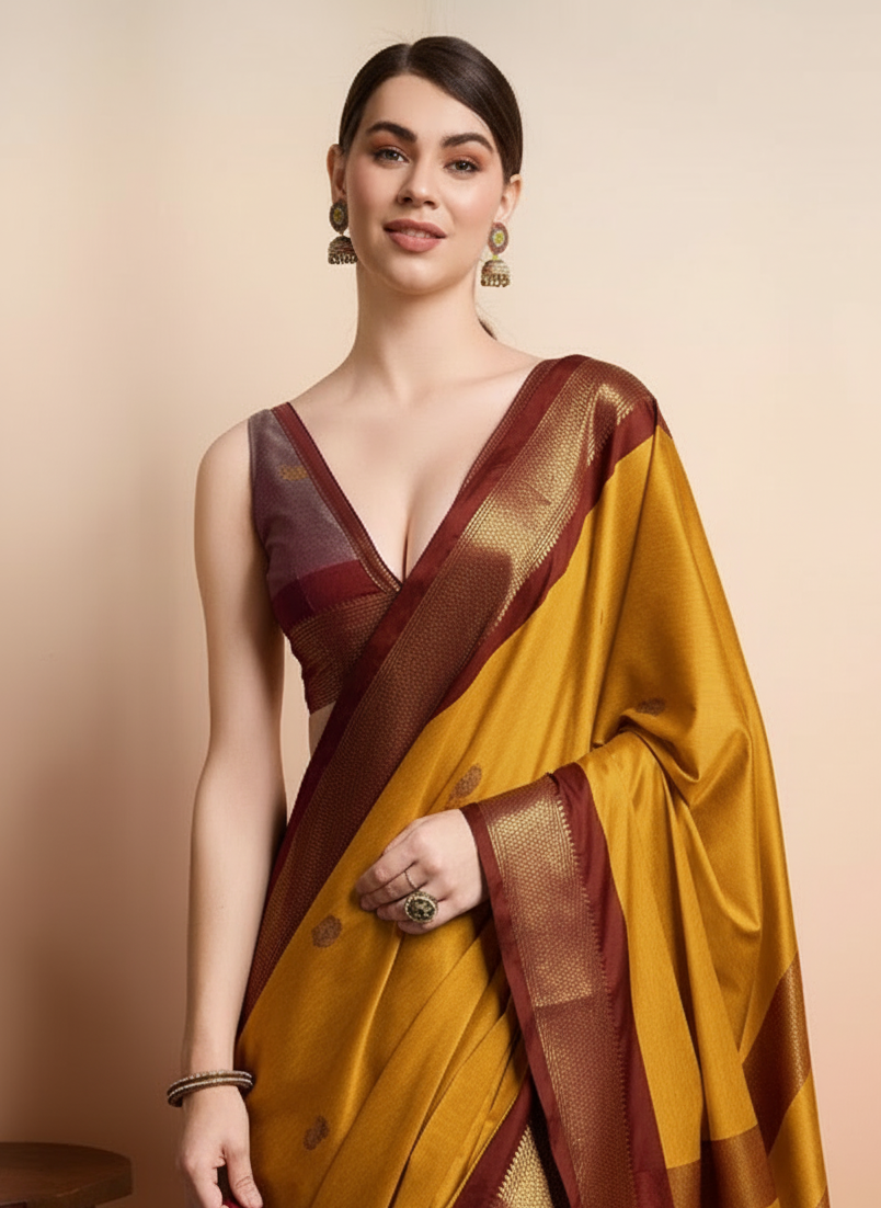 Radiant Mustard Yellow & Classic Brown Paithani Cotton Silk Saree