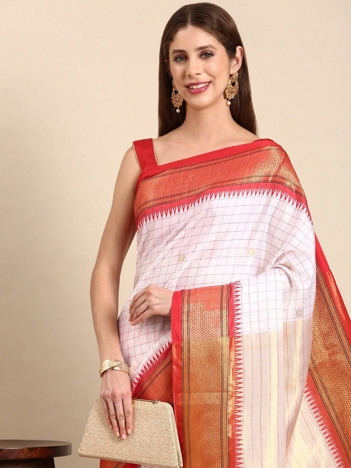 White & Red Checked Cotton Silk Saree with Rich Zari Border
