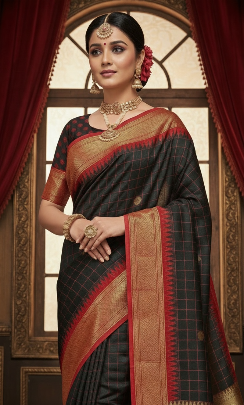 Elegant Black & Red Checks Paithani Cotton Silk Saree with Gold Zari Border