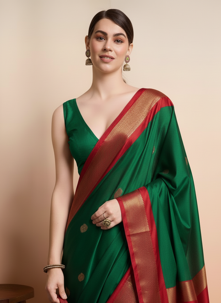 Classic Emerald Green & Royal Red Paithani Cotton Silk Saree