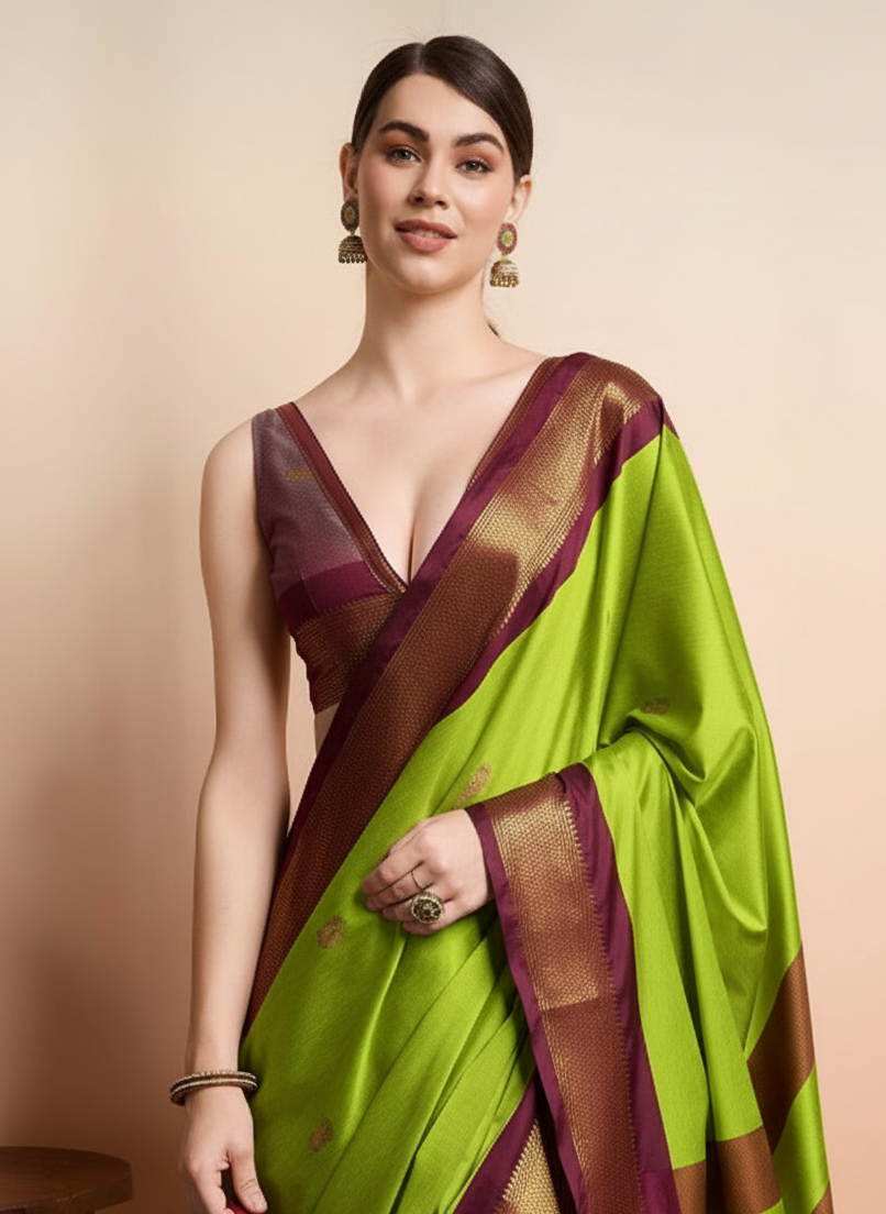 Elegant Lime Green & Wine Brown Paithani Cotton Silk Saree
