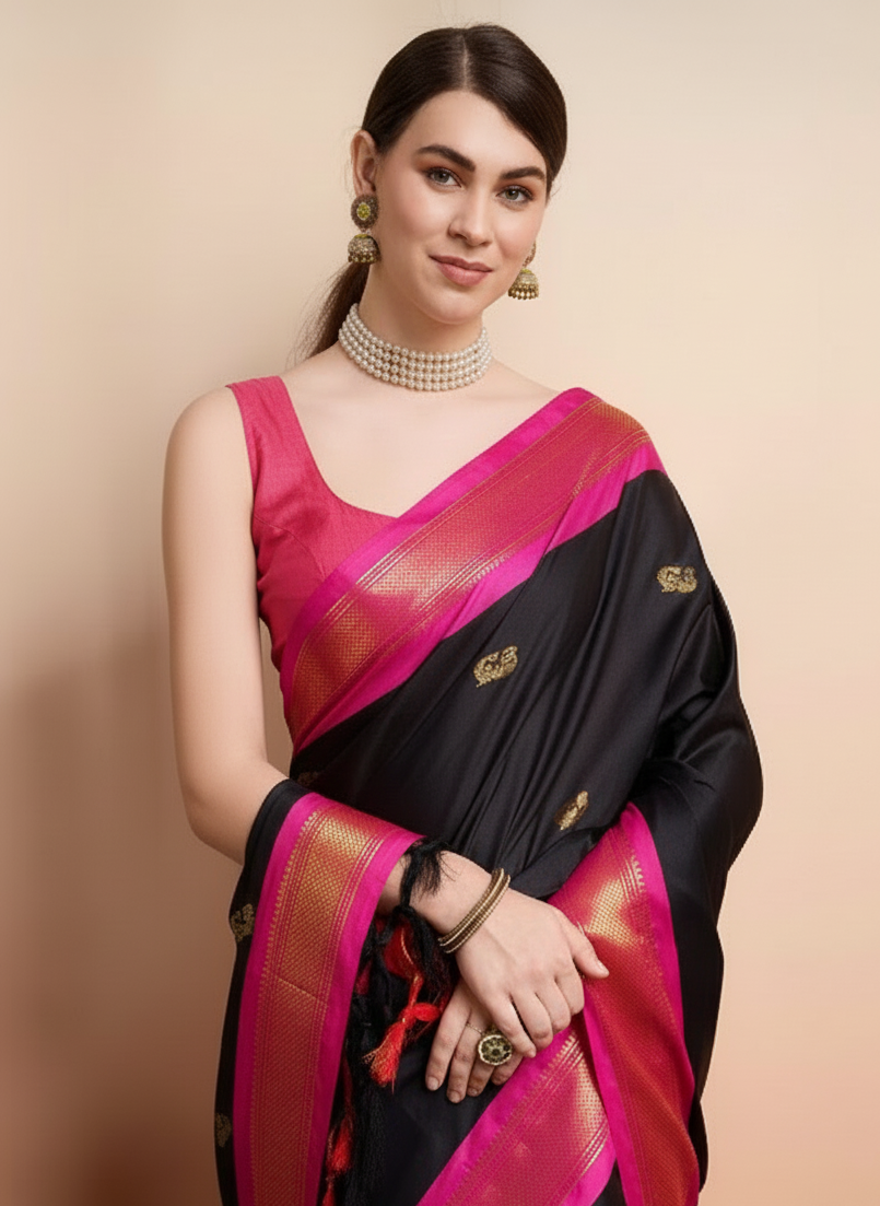 Midnight Black & Pink Paithani Cotton Silk Saree