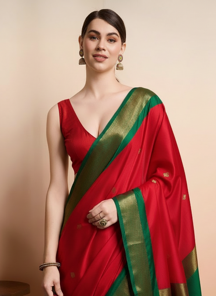 Traditional Red & Emerald Green Paithani Cotton Silk Saree