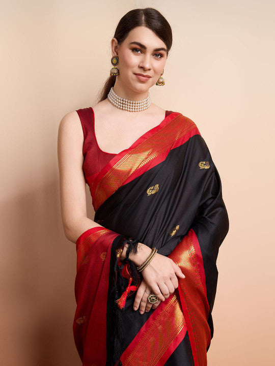 Royal Black & Crimson Red Paithani Cotton Silk Saree