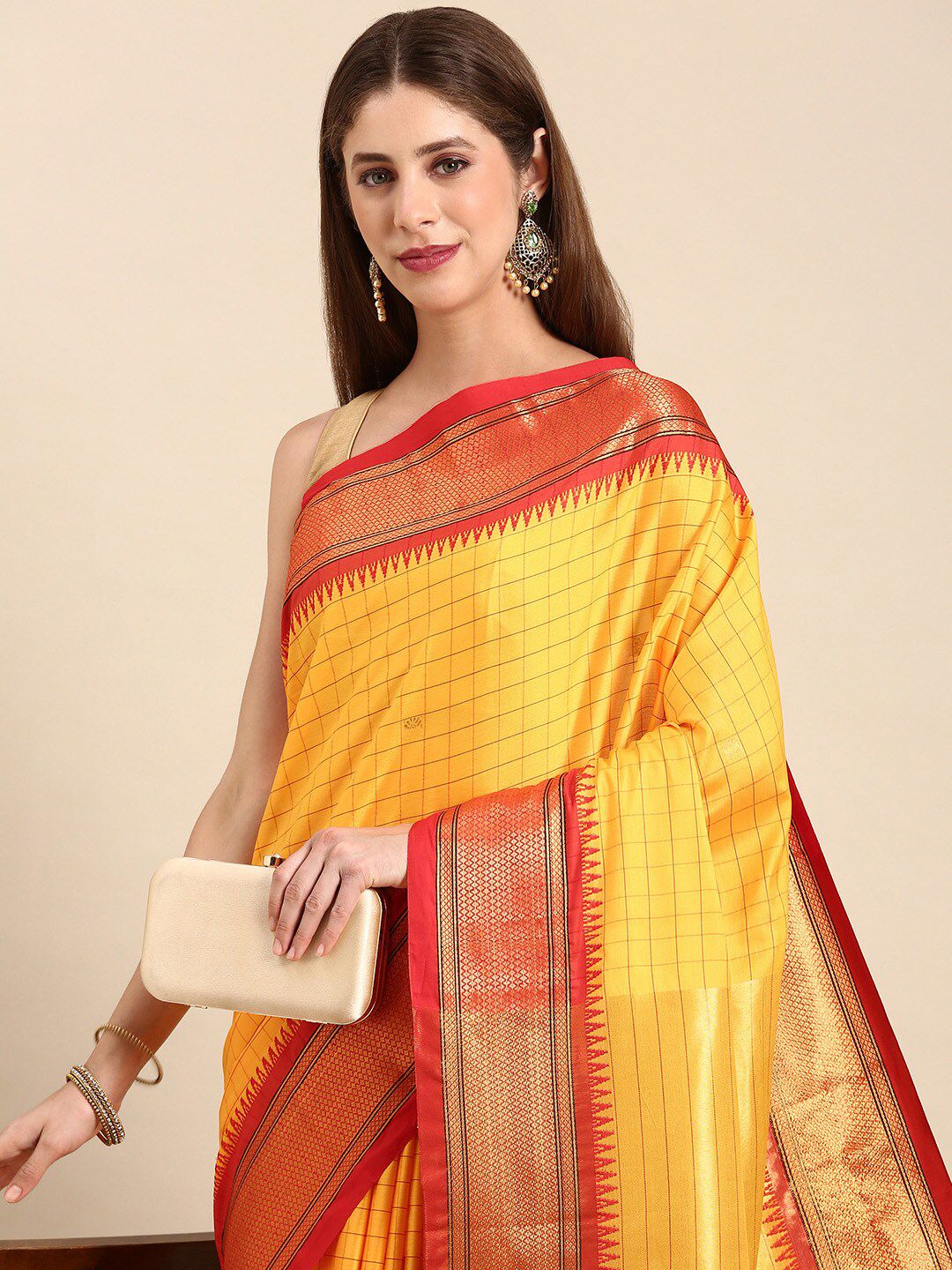 Vibrant Orange Yellow & Red Cotton Silk check paithani Saree