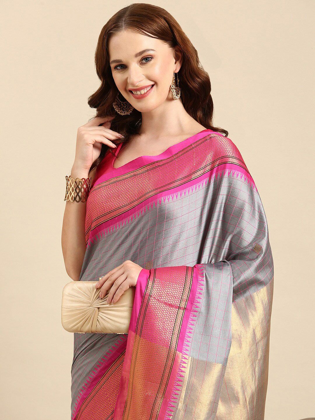 Elegant Grey & Pink Checks Paithani Cotton Silk Saree with Zari Border