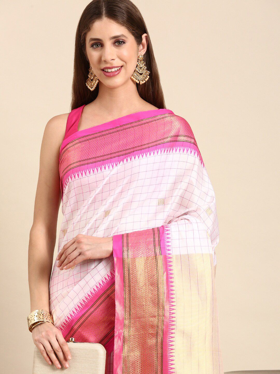 White & Rani Pink Checked Cotton Silk Saree with Rich Zari Border