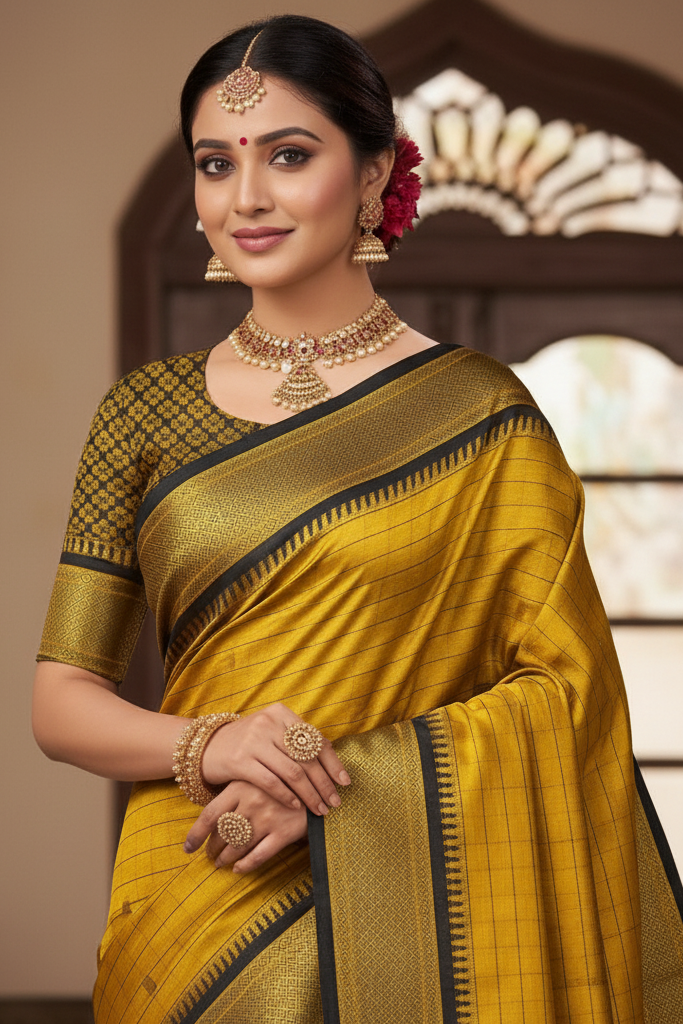 Royal Gold & Black Checks Paithani Cotton Silk Saree with Zari Border