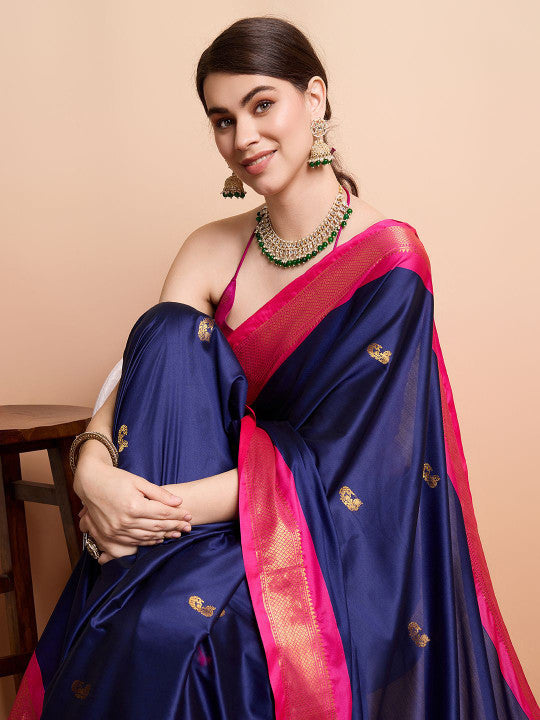 Elegant Navy Blue & Rani Pink Paithani Cotton Silk Saree
