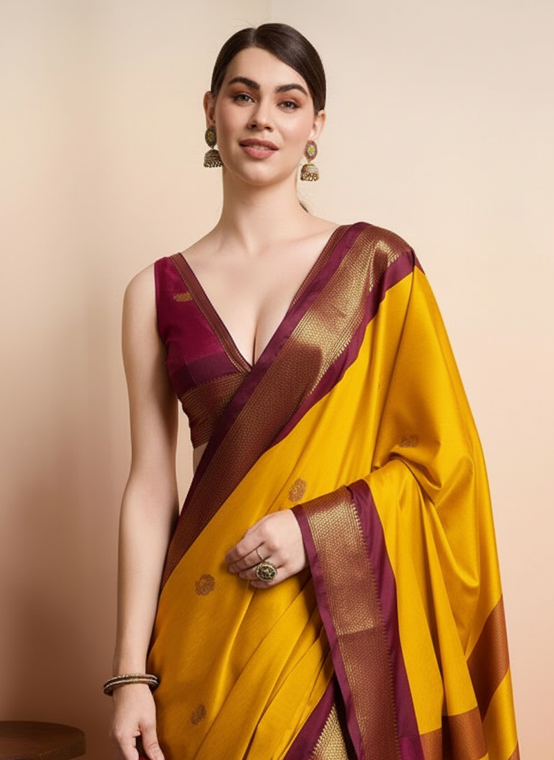 Radiant Mango Yellow & Wine Brown Paithani Cotton Silk Saree