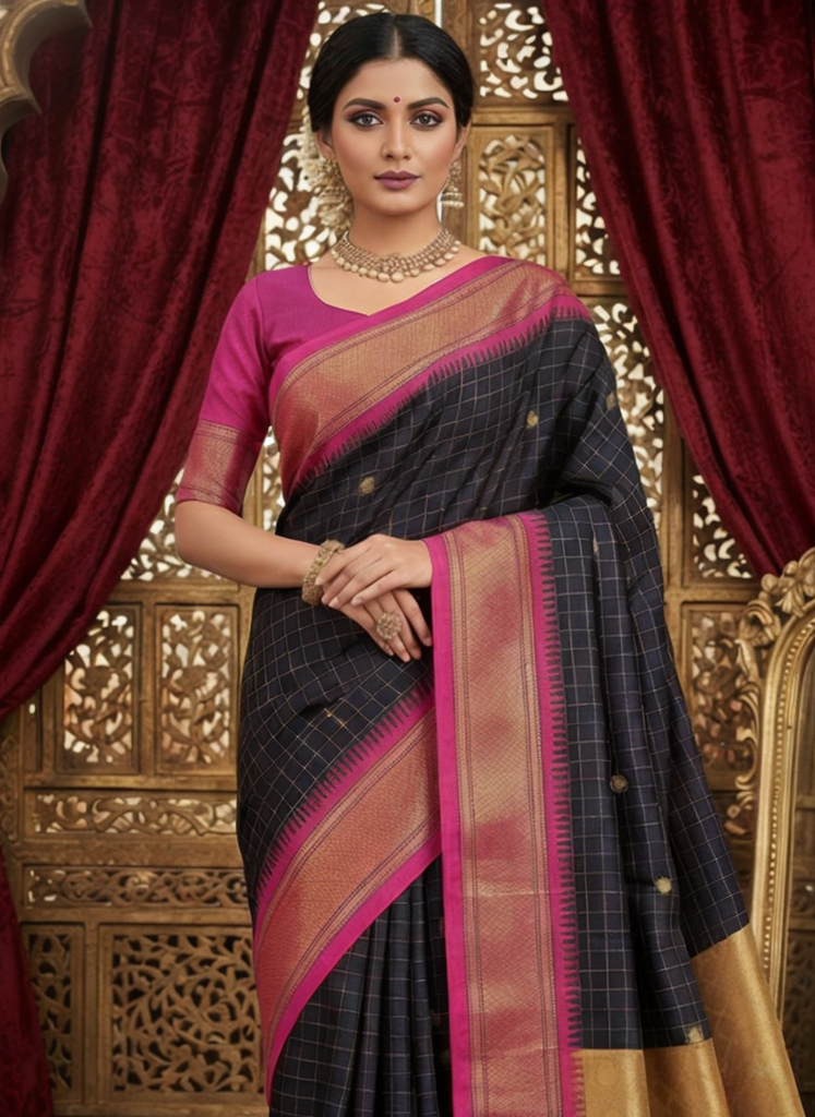 Elegant Black Checks Paithani Cotton Silk Saree with Pink & Gold Zari Border