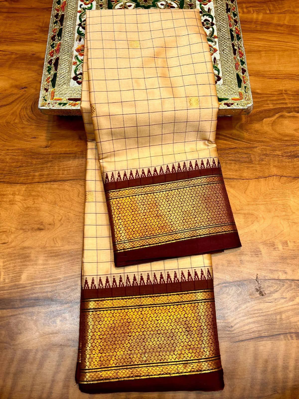 Elegant Cream & Brown Checks Paithani Cotton Silk Saree with Gold Zari Border