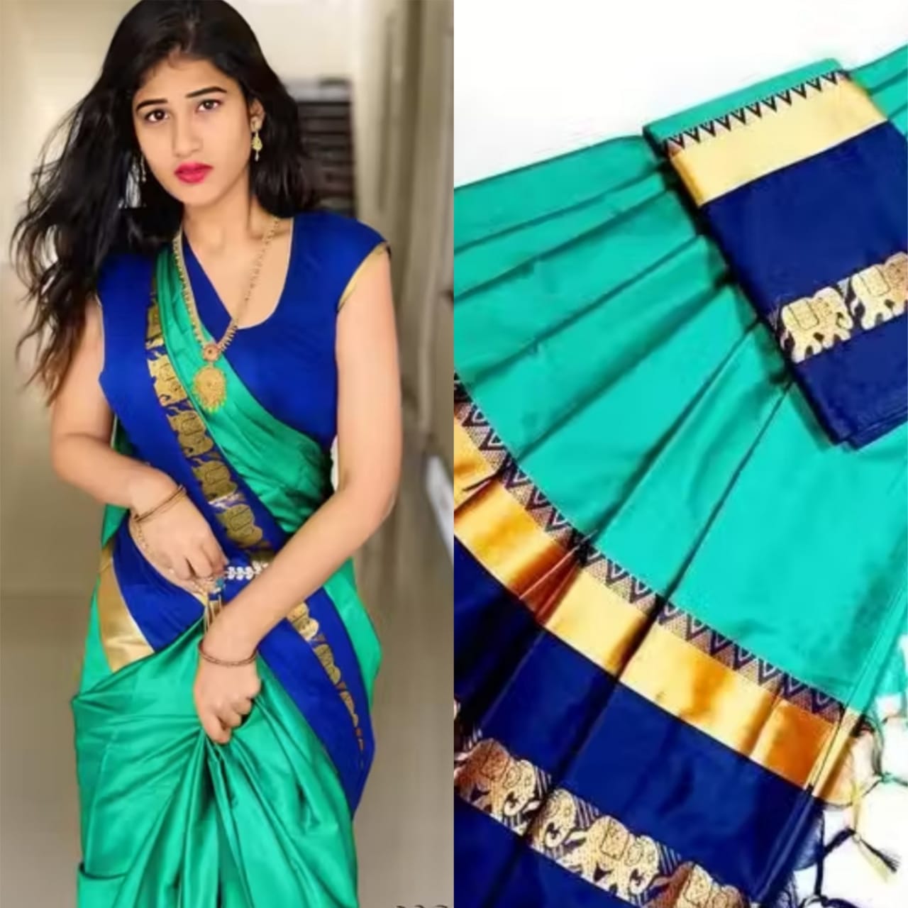Aqua Blue & Royal Blue Cotton Silk Savanna Elephant Saree