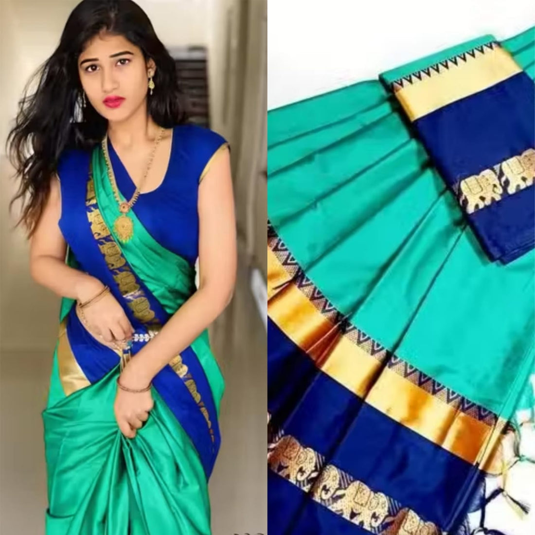 Aqua Blue & Royal Blue Cotton Silk Savanna Elephant Saree