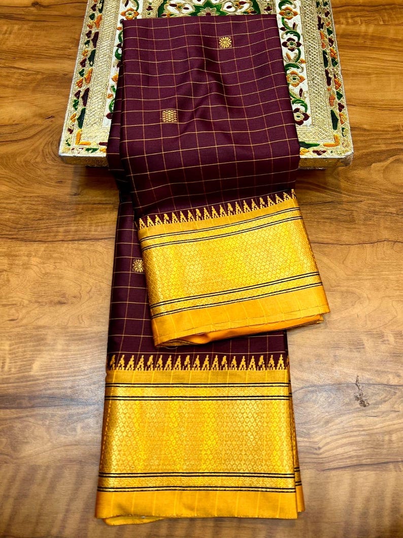 Rich Dark Maroon & Golden Yellow Checks Paithani Cotton Silk Saree with Zari Border