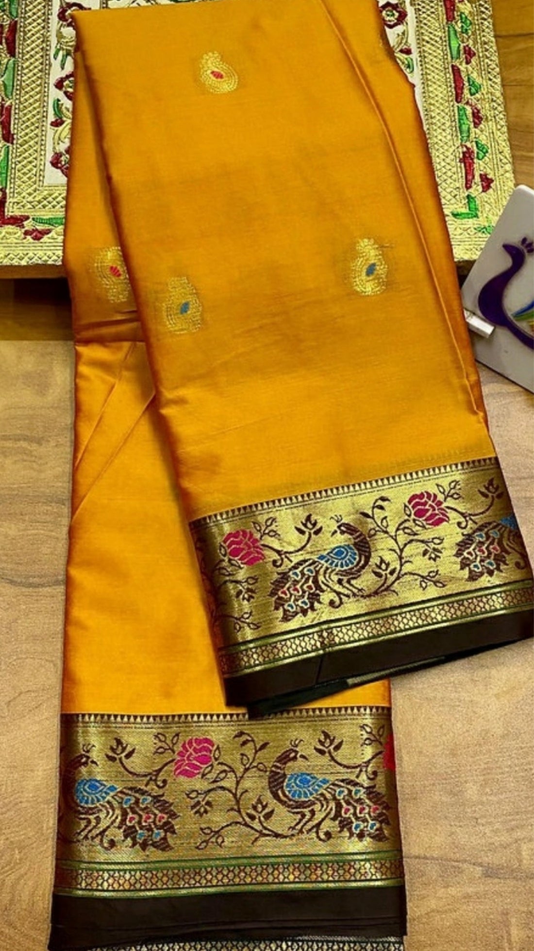 Mustard Gold Jacquard Silk Saree with Peacock Zari Border