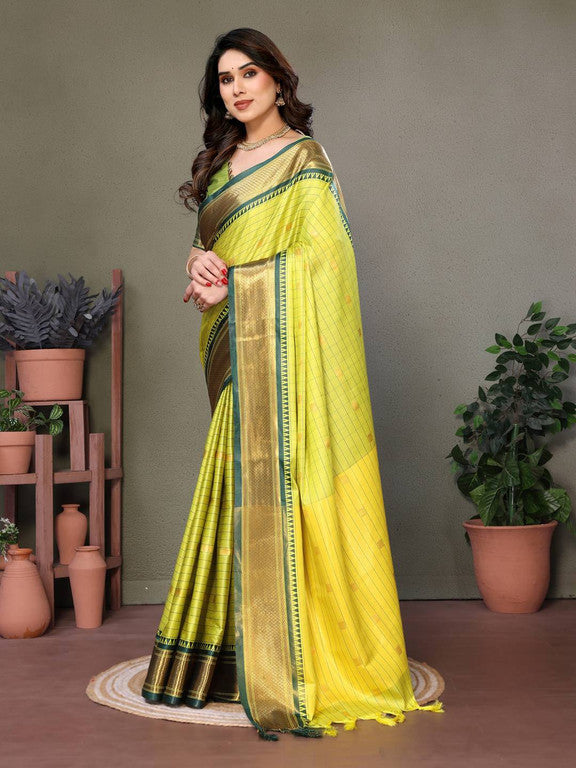 Bright Yellow & Green Checks Paithani Cotton Silk Saree with Gold Zari Border
