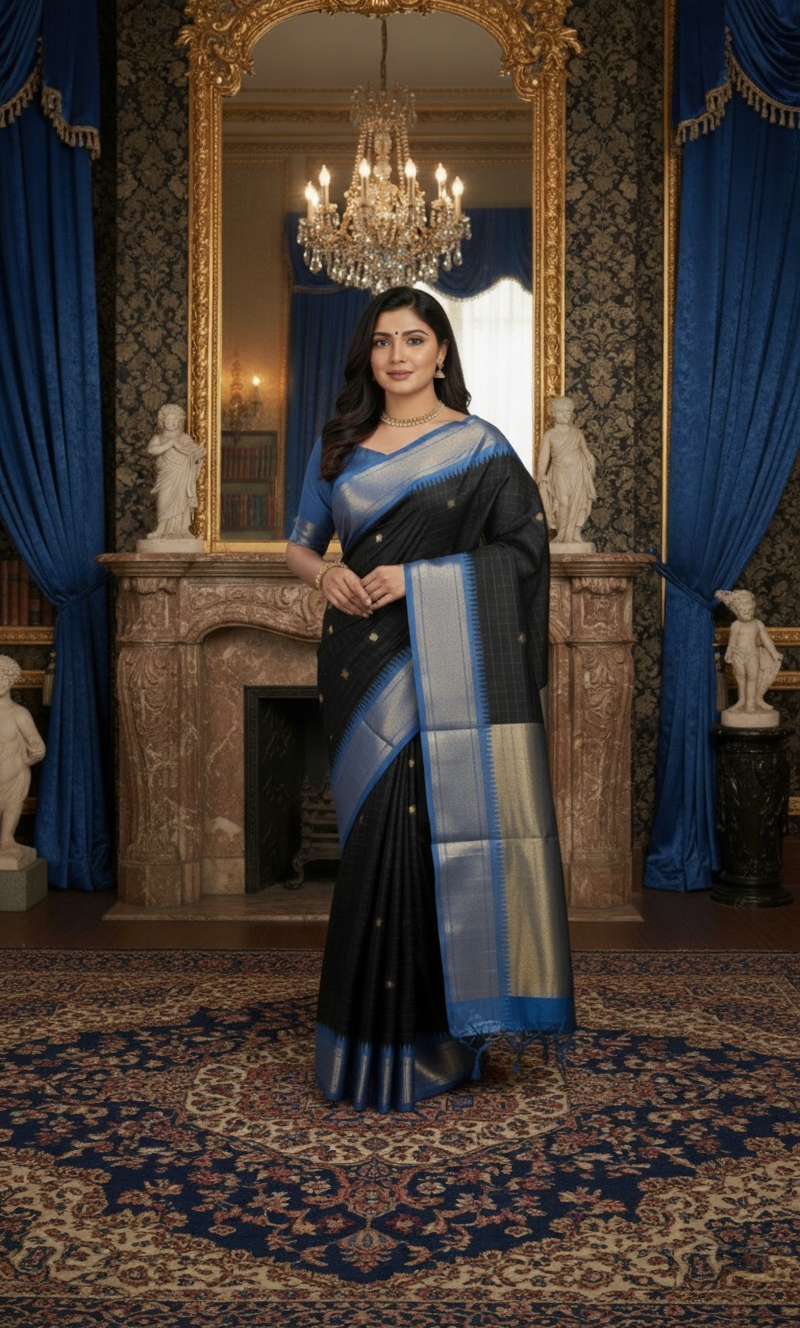 Royal Black & Blue Checks Paithani Silk Saree with Zari Border