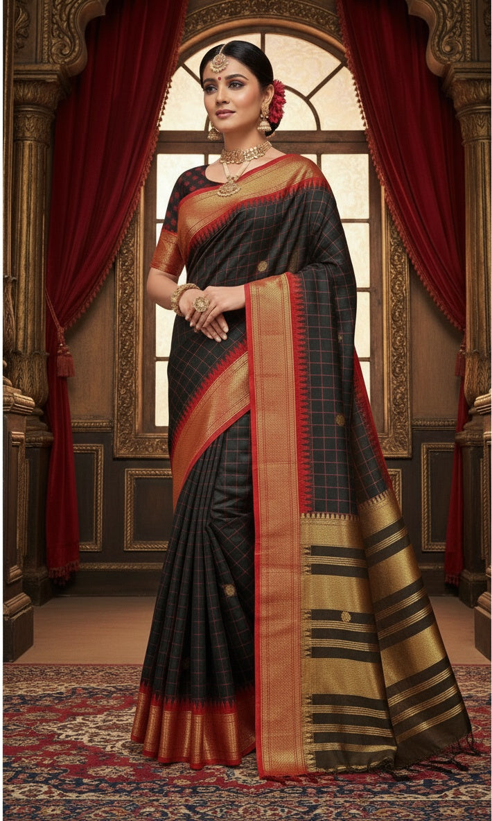 Elegant Black & Red Checks Paithani Cotton Silk Saree with Gold Zari Border