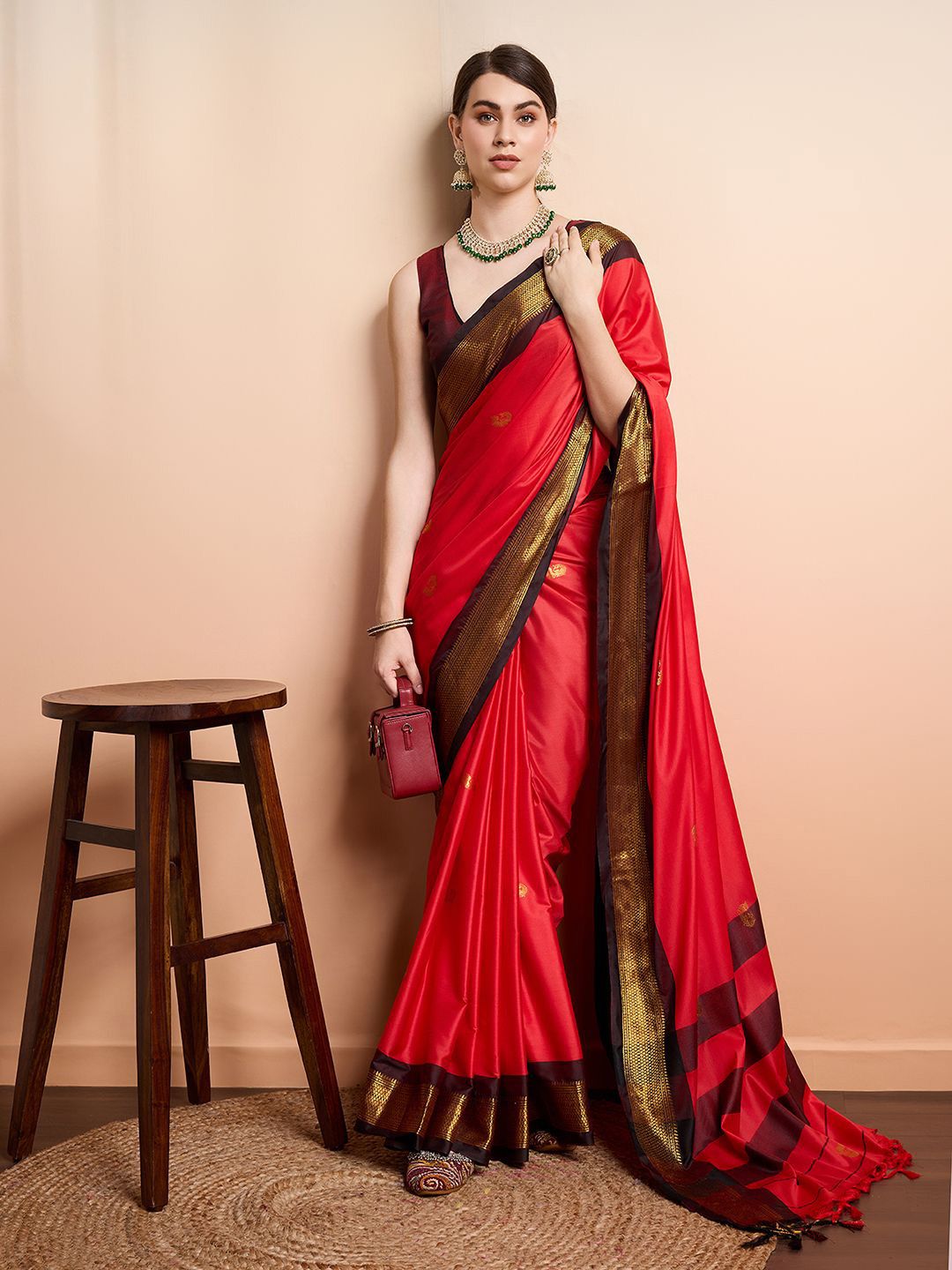 Classic Red & Deep Brown Paithani Cotton Silk Saree