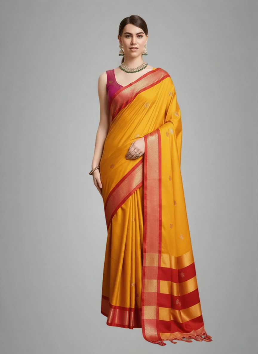Royal Mango Yellow & Classic Red Paithani Cotton Silk Saree