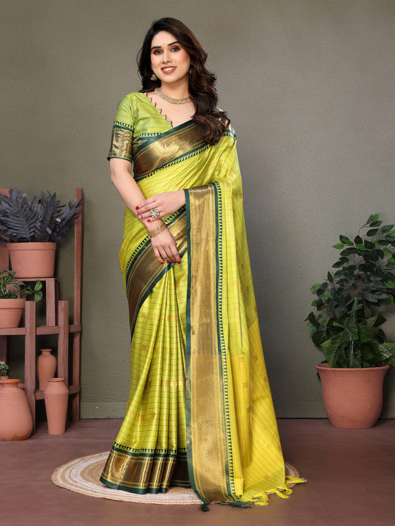 Bright Yellow & Green Checks Paithani Cotton Silk Saree with Gold Zari Border