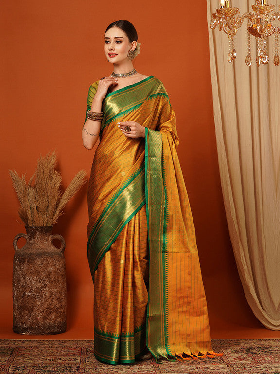Elegant Gold & Green Checks Paithani Cotton Silk Saree with Zari Border
