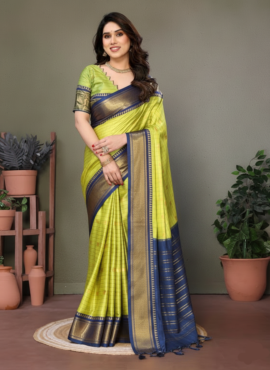 Stylish Lime Green & Blue Checks Paithani Cotton Silk Saree with Zari Border