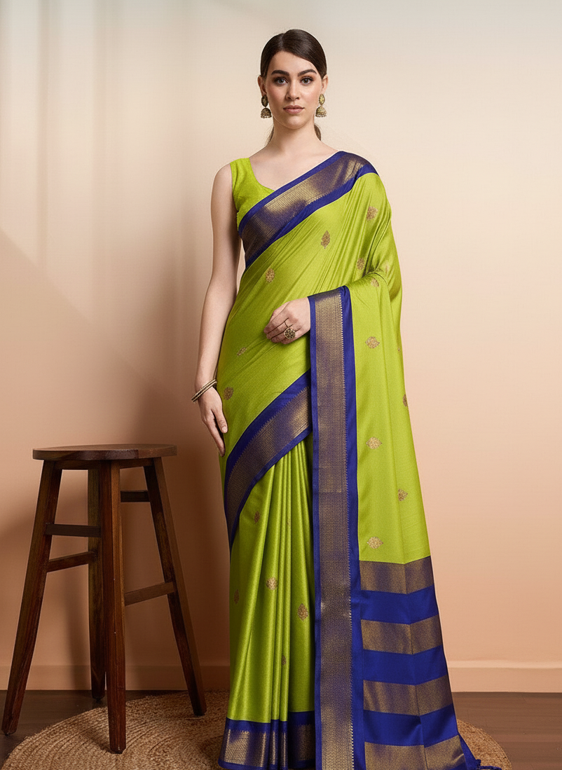 Radiant Lime Green & Royal Blue Paithani Cotton Silk Saree