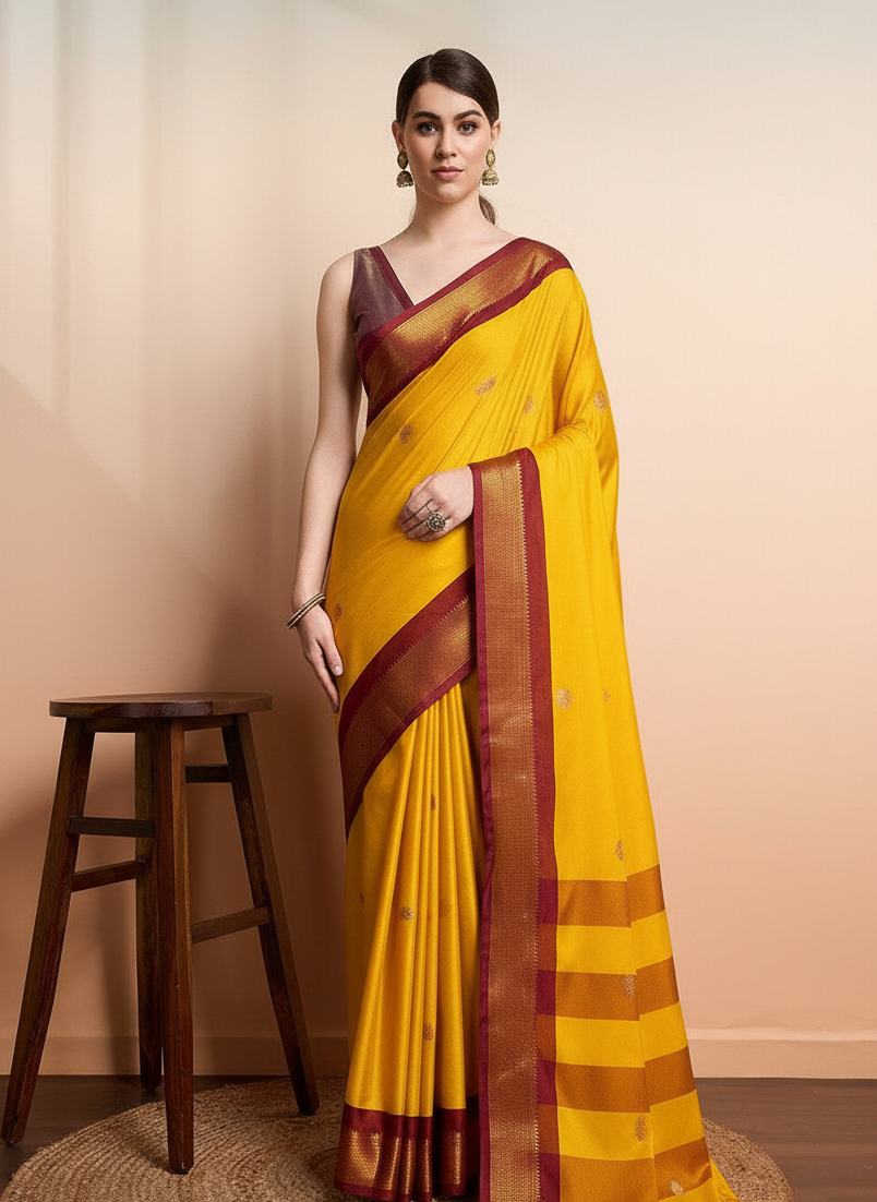 Radiant Mango Yellow & Wine Brown Paithani Cotton Silk Saree