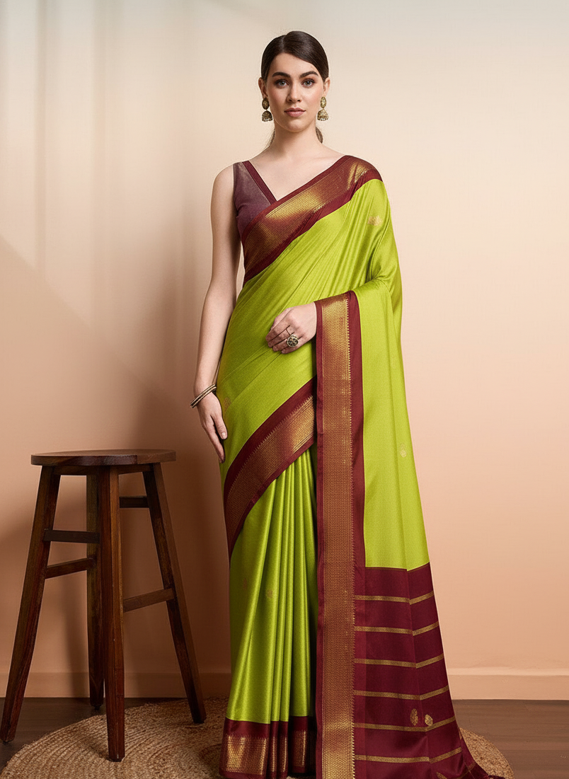 Elegant Lime Green & Wine Brown Paithani Cotton Silk Saree