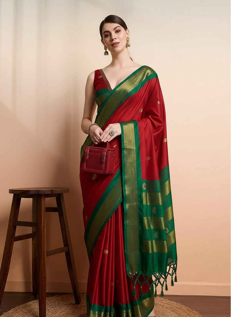 Traditional Red & Emerald Green Paithani Cotton Silk Saree