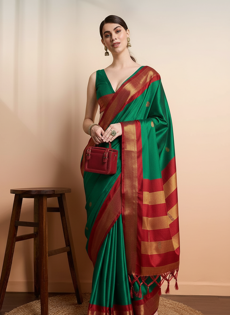 Classic Emerald Green & Royal Red Paithani Cotton Silk Saree