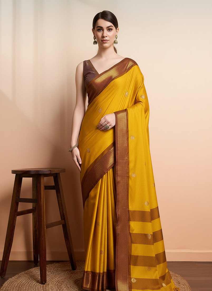 Radiant Mustard Yellow & Classic Brown Paithani Cotton Silk Saree