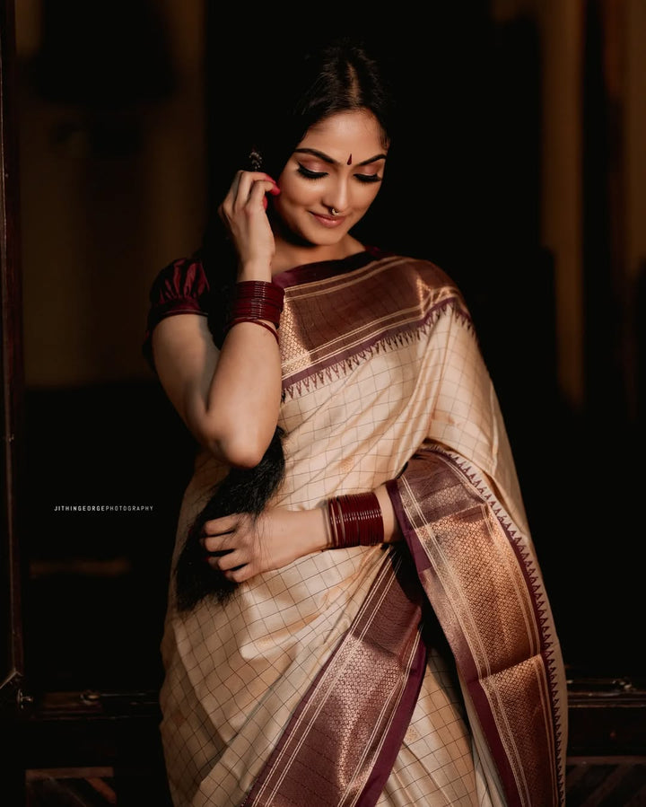 Elegant Cream & Brown Checks Paithani Cotton Silk Saree with Gold Zari Border