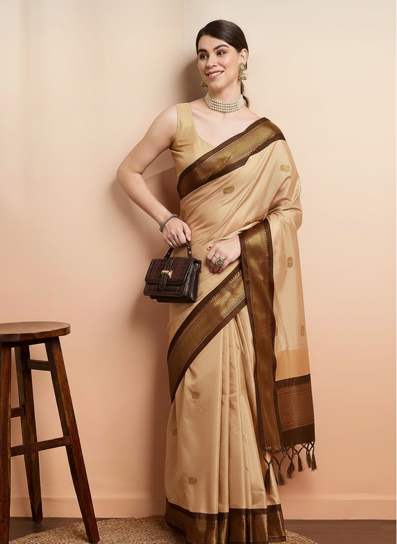 Royal Beige Paithani Cotton Silk Saree with Brown Zari Border