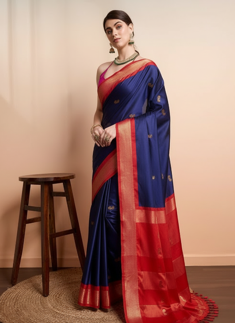 Royal Navy Blue & Classic Red Paithani Cotton Silk Saree