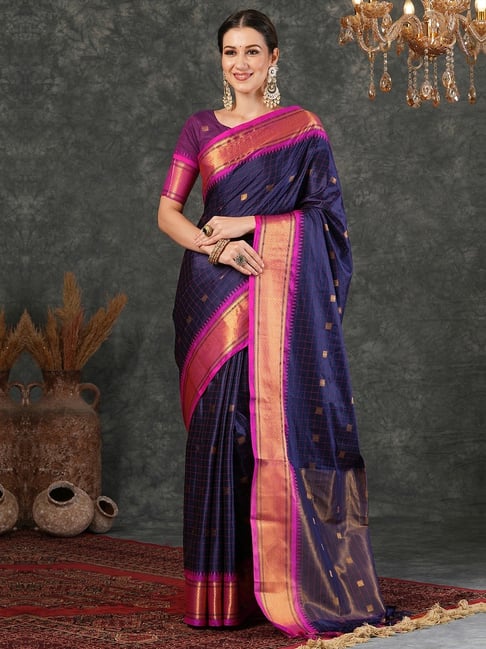 Elegant Navy Blue & Pink Checks Paithani Cotton Silk Saree with Zari Border