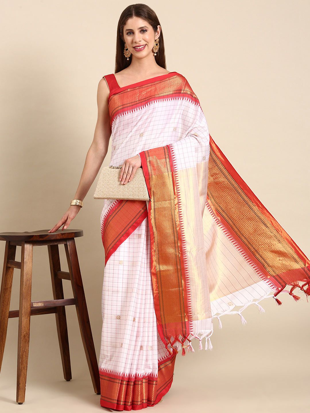 White & Red Checked Cotton Silk Saree with Rich Zari Border