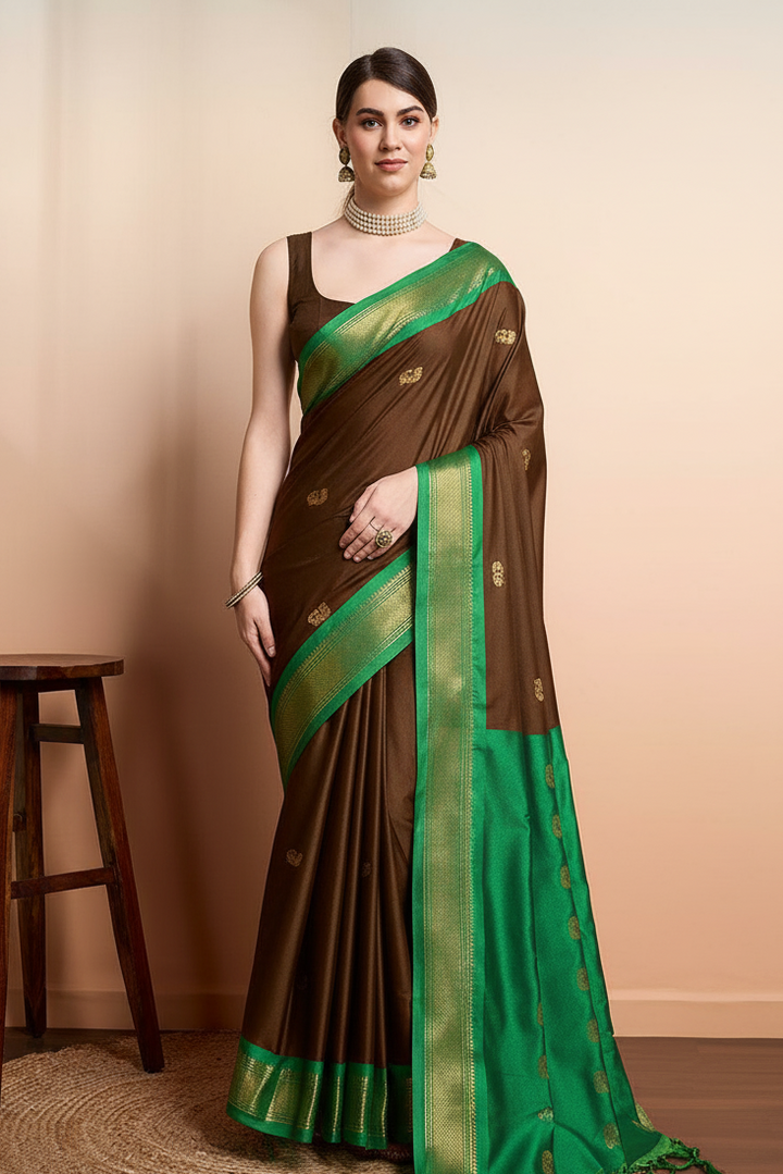 Elegant Brown & Emerald Green Paithani Cotton Silk Saree