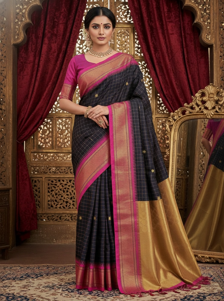 Elegant Black Checks Paithani Cotton Silk Saree with Pink & Gold Zari Border