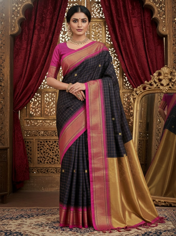 Elegant Black Checks Paithani Cotton Silk Saree with Pink & Gold Zari Border