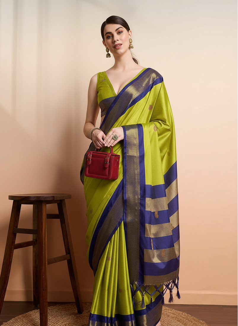 Radiant Lime Green & Royal Blue Paithani Cotton Silk Saree