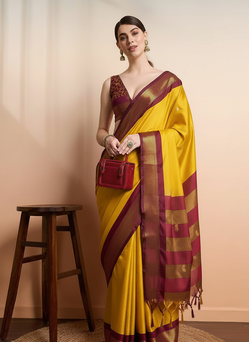 Radiant Mango Yellow & Wine Brown Paithani Cotton Silk Saree