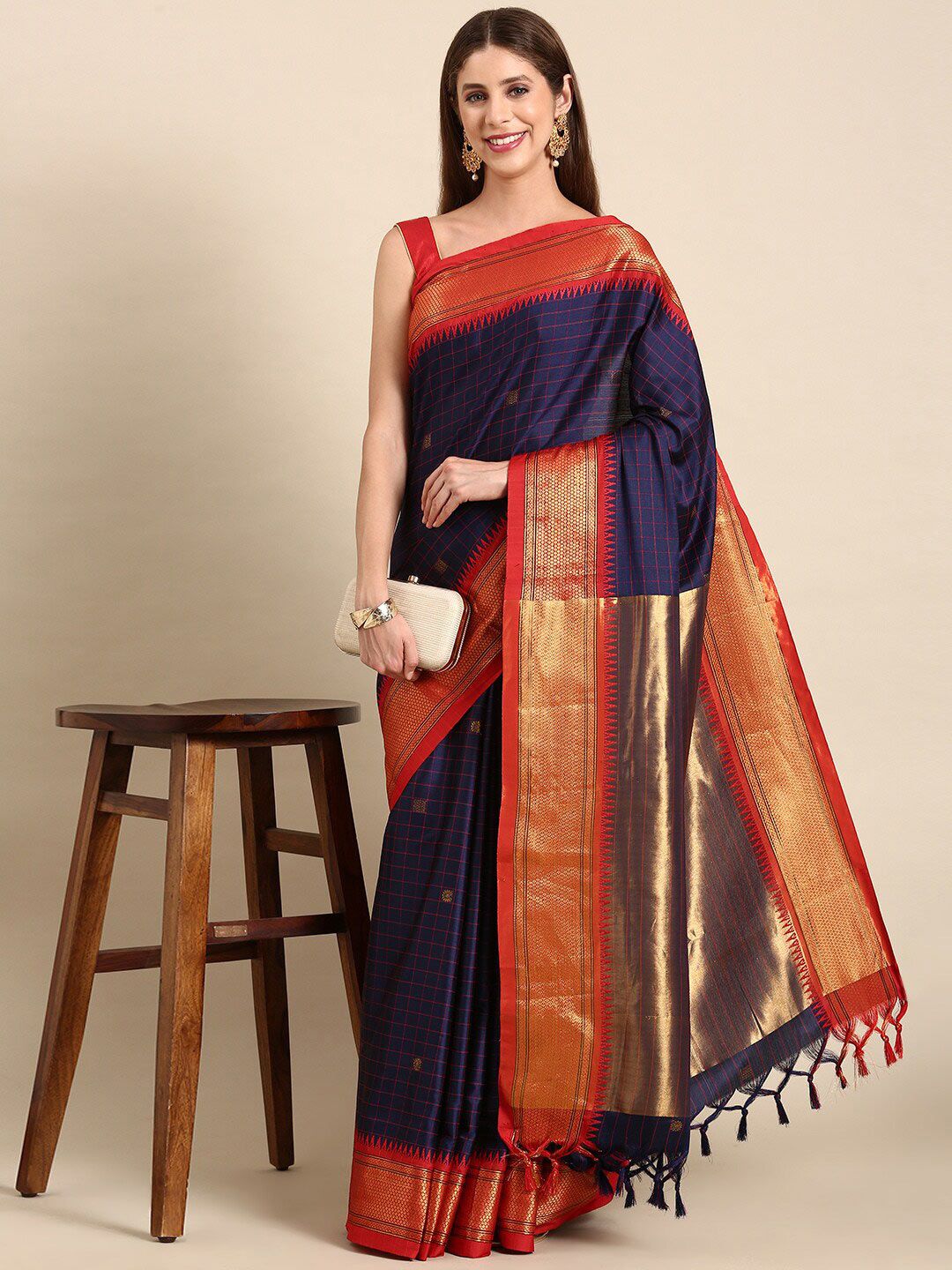 Elegant Navy Blue & Red Checks Cotton Silk Saree with Rich Zari Border