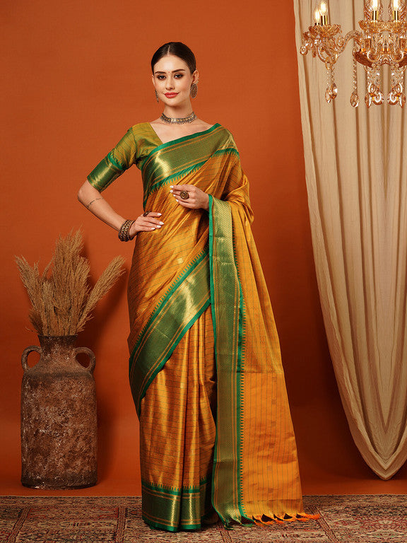 Elegant Gold & Green Checks Paithani Cotton Silk Saree with Zari Border
