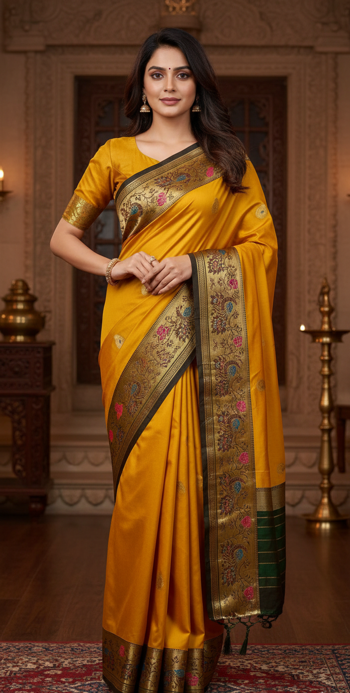 Mustard Gold Jacquard Silk Saree with Peacock Zari Border