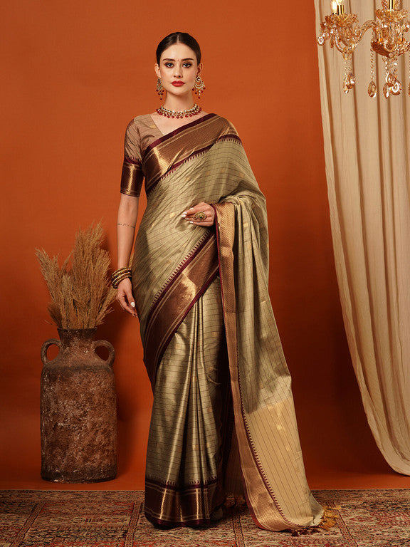 Elegant Beige & Maroon Checks Paithani Cotton Silk Saree with Zari Border