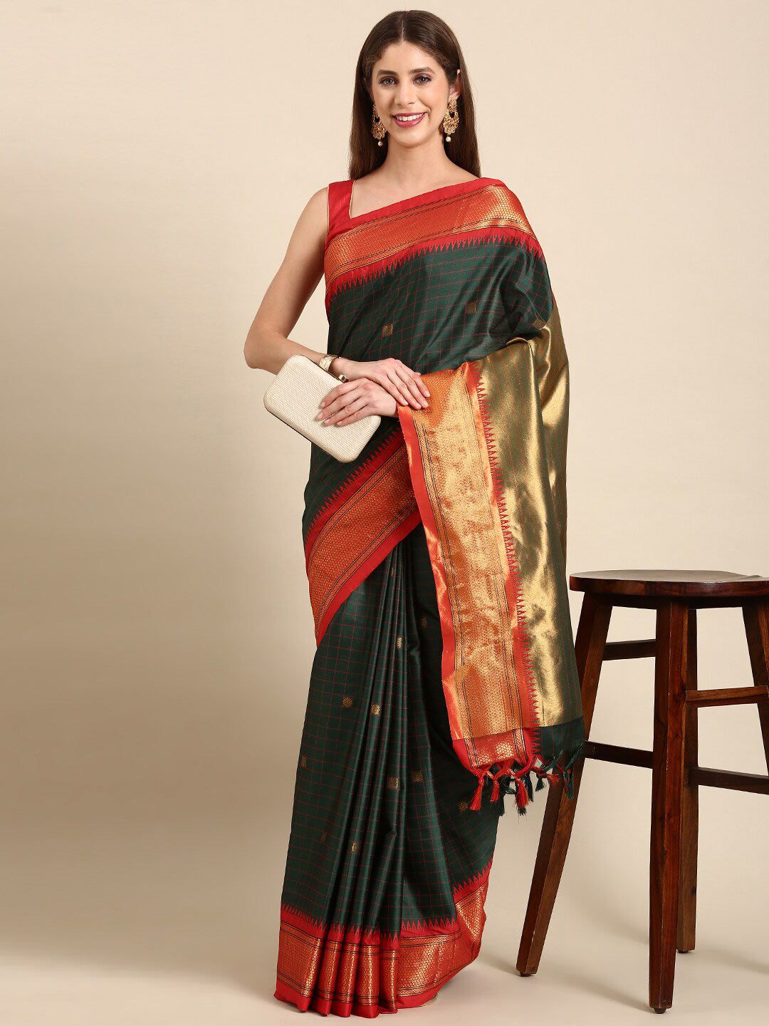 Classic Green & Red Checks Paithani Cotton Silk Saree with Zari Border